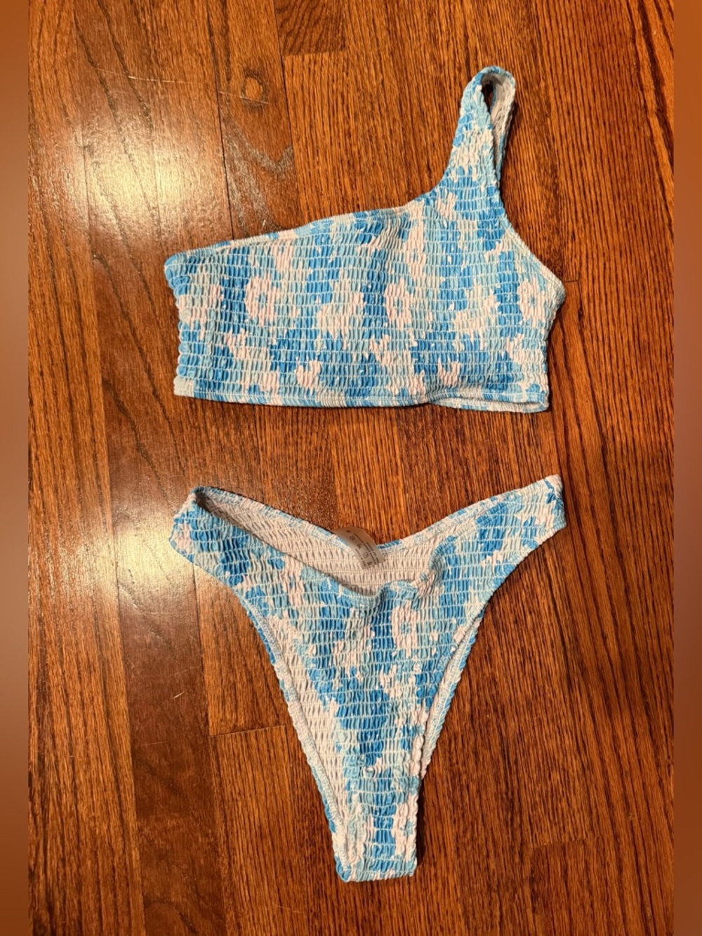 Blue and White One-Shoulder Smocked Bikini Set
